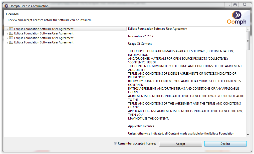 Eclipse installation Licences agreement